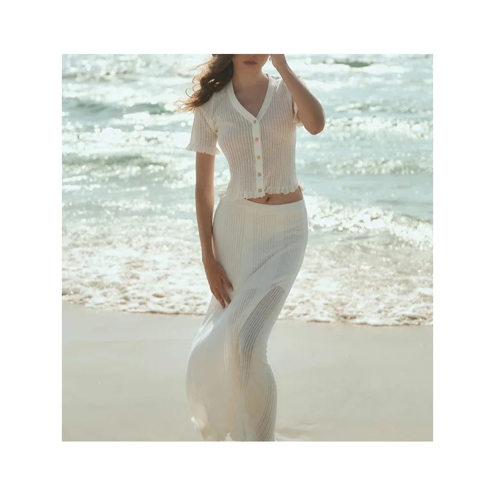 

2025 Knitting Hollow Buttons Top High Waist Long Skirt Suit Lady's Short Sleeves V-Neck Top Long Skirt Suit Sexy Beach Suit