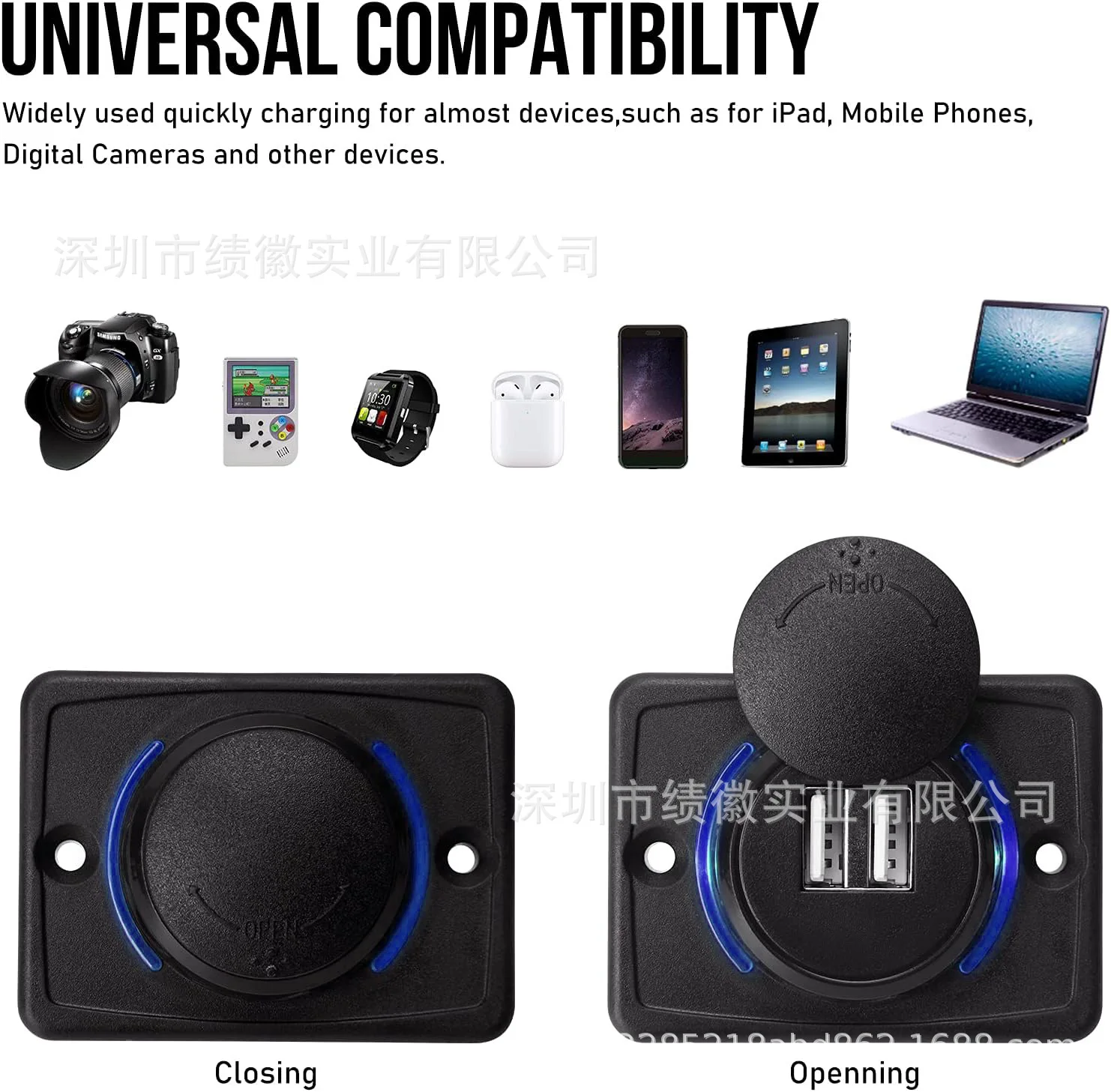 12V RV USB Charger Quick Charger 3.0 Wall Mount USB Charging Station with Green Indicator Light and Cap for Car Camper Boat
