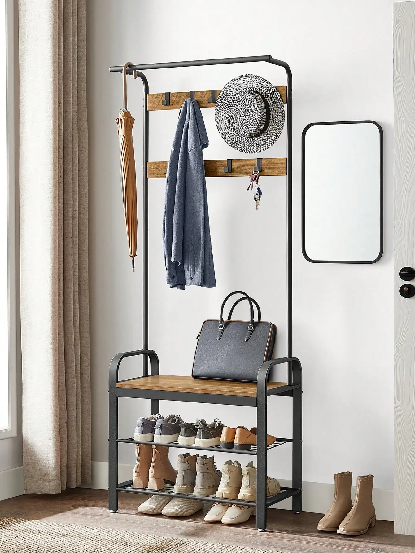 VASAGLE Appendiabiti con panca portascarpe, design 4 in 1, 9 ganci, appendiabiti,