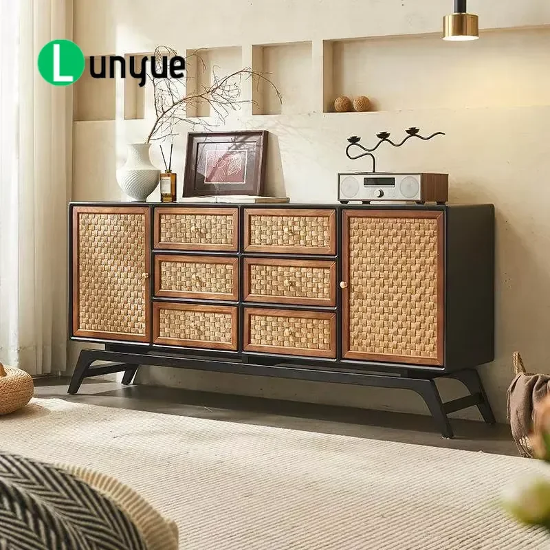 Modern Solid Wood Hand Woven Rattan Side Cabinet Durable Dining Storage Locker for Villa Living Room Furniture