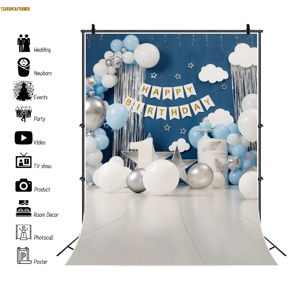 Baby Birthday Party Photography Backdrop Boy Girl 1st Birthday Balloon Flower Wood Floor Child Portrait Background Cake Smash