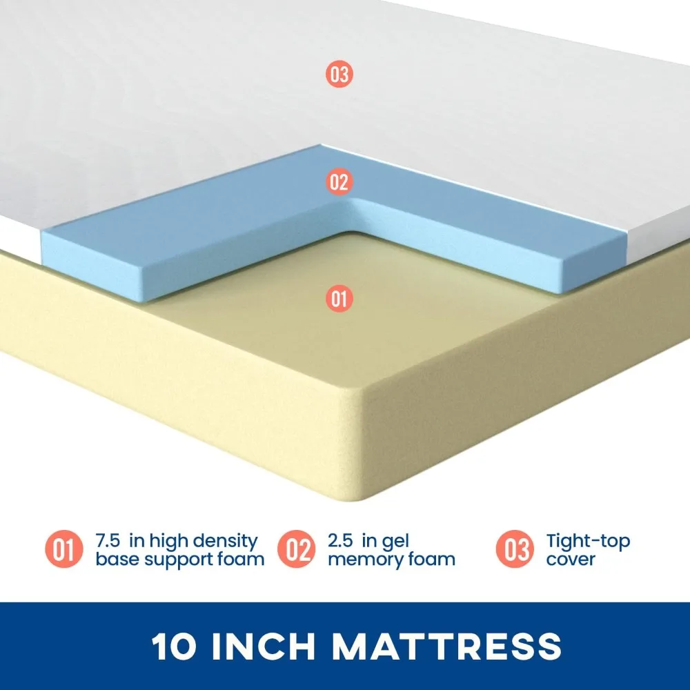 Gel Memory Foam Mattress for Cool Sleep & Pressure Relief, Mattresses Bed-in-a-Box/Pressure Relieving (10 in, Queen)