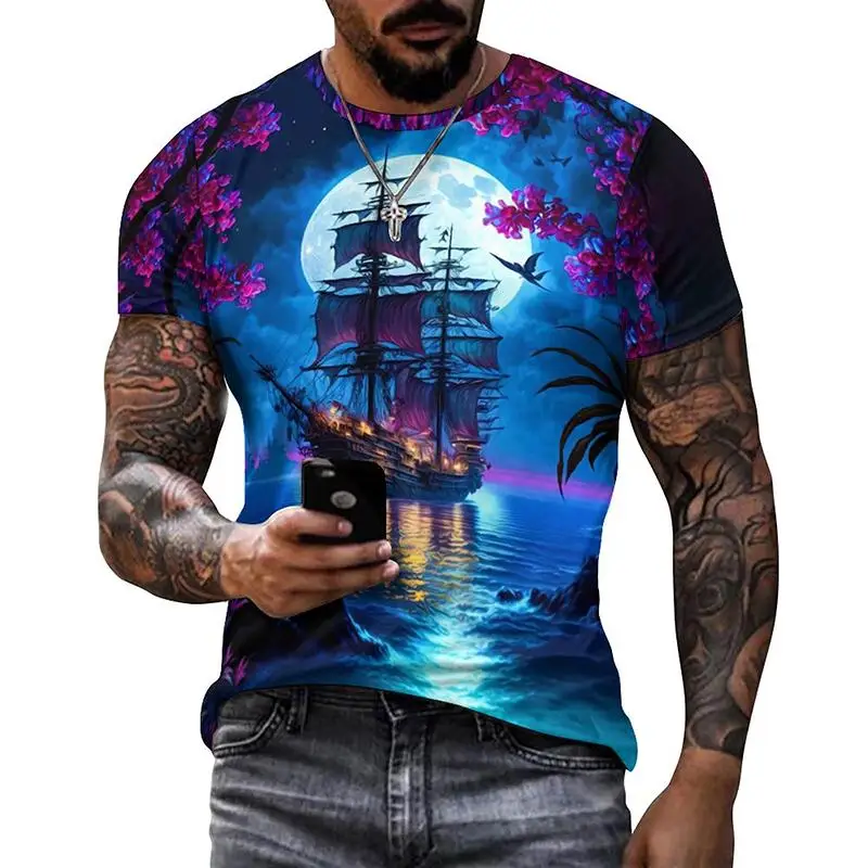 Men Pirate Ship Moon Ocean Floral 3D Print Crew Neck Short Sleeve Tee Casual Fantasy Sea Tops Multi Night Views