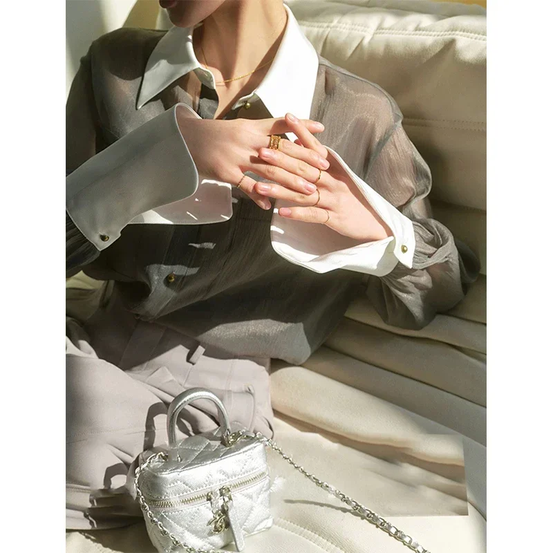 French Luxury Vintage Sheer Chiffon Shirt Women Grey Loose Fit Long Sleeve Blouse Contrast Collar Gold Button Elegant Tops 2025