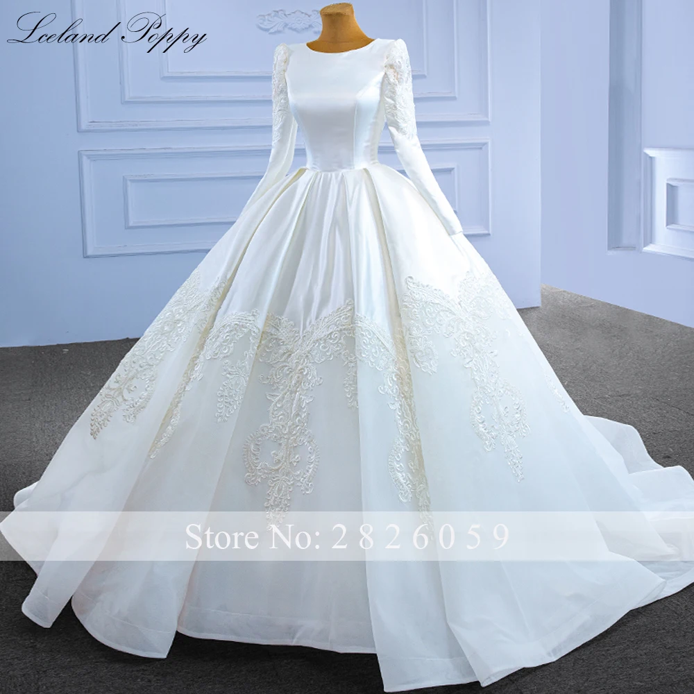 Lsland Poppy frauen Ballkleid Satin Hochzeit Kleider Lange Ärmeln Bodenlangen Spitze Appliques Brautkleider mit Korsett Zurück