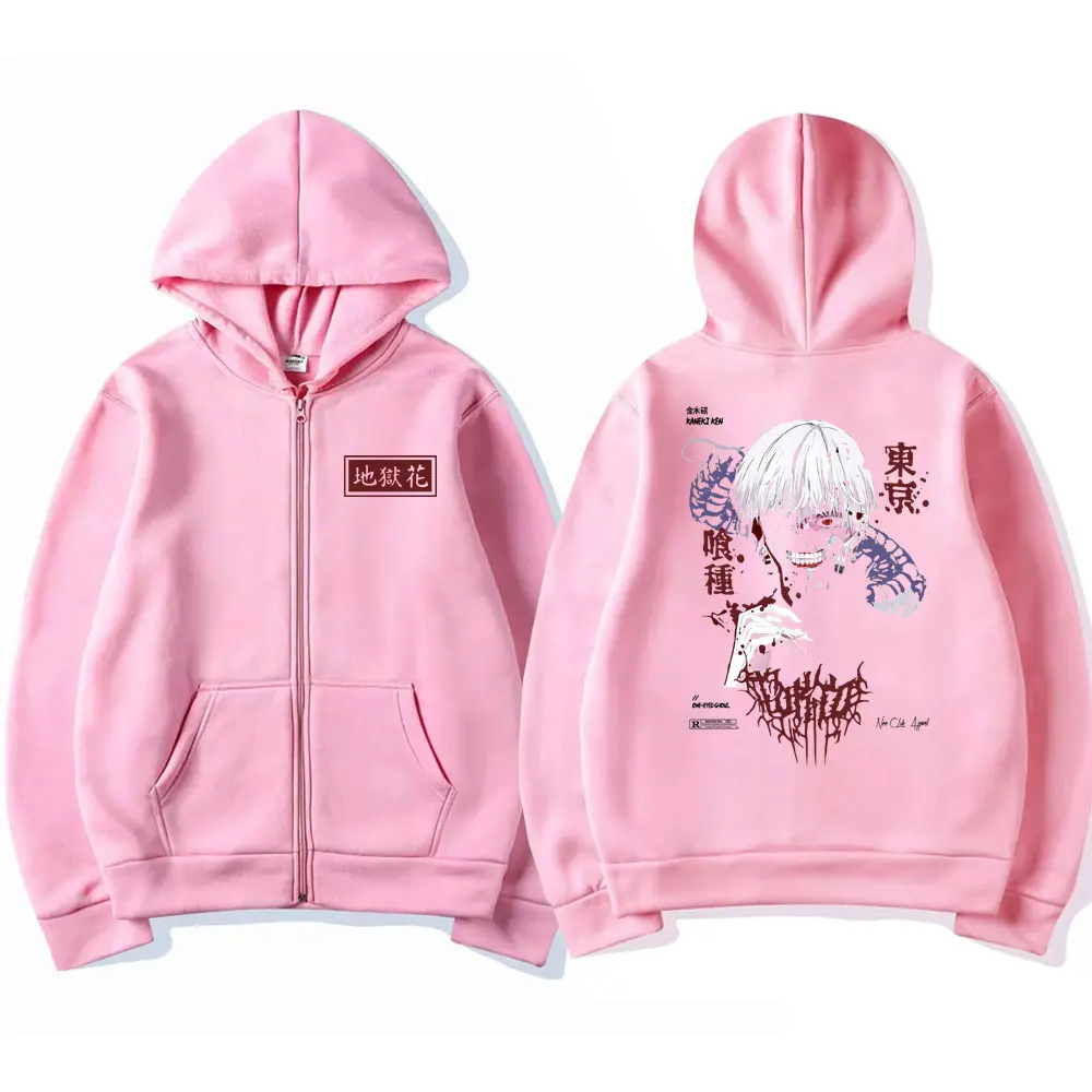 Anime Tokyo Ghoul Kaneki Ken Spider Lily Print Reißverschluss Hoodie Unisex Kapuzenpullover Herren Manga Übergroße Zip Up Hoodies Jacken – Detail 3