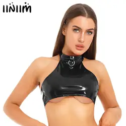 Womens O Ring Halter Latex Vest Tops Bralette Underboob Crop Tops Camisole Backless Sleeveless Patent Leather Bralette Bustier