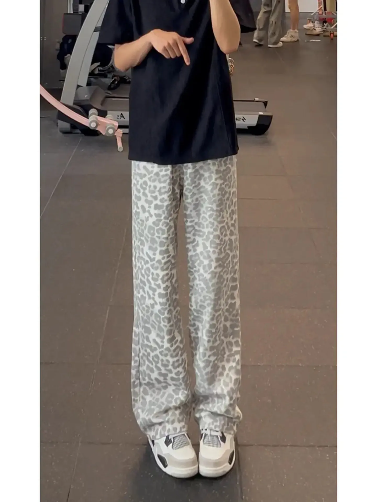American Street Style Vintage Leopard Print Men's Jeans Draping Straight Leg Wide Leg Pants Luxury Floor-Length Trousers