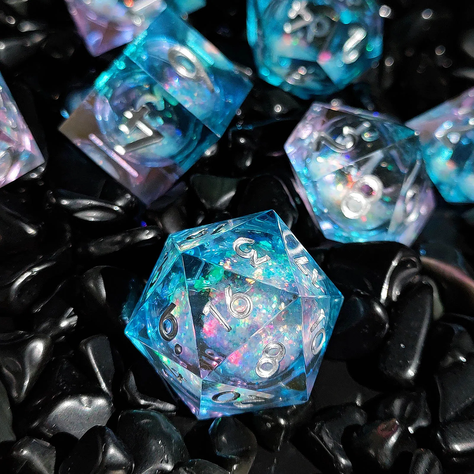 7pcs Blue Pink Quick Sand Resin DND Sharp Edge Dice Set for Dungeon and Dragon RPG Board Game Role-playing D&D Dice D4 D6~D20