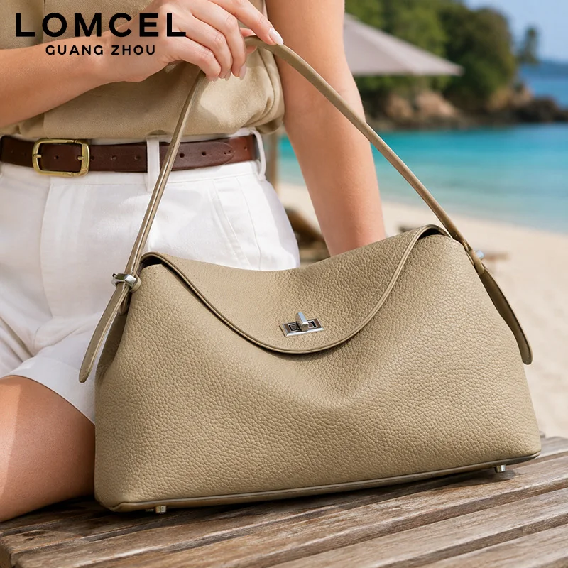 LOMCEL 223 Leather large bag for commuting, versatile and suitable for single shoulder cross-body style. Women's large capacity