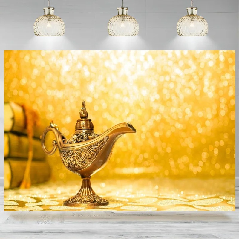 

Aladdin's Genie Lamp Backdrop Golden Magic Wishes Lamp Fantasy Photography Background Arabian Nights Fairy Kids Photo Banner