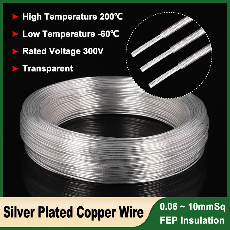 

1~100m Clear Sq 0.06 ~ 10mm Silver Plated Coppe Cable FEP Insulated HiFi Audio Speaker Headphone High Temperature Electric Wires