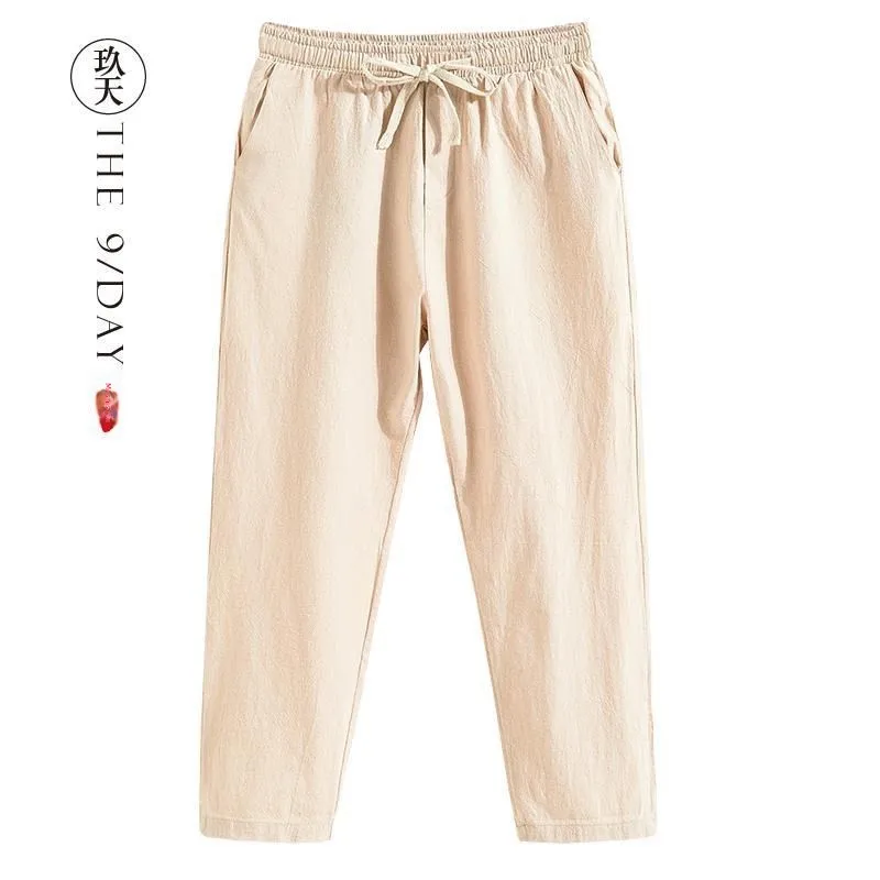 

Men's Summer Thin Loose Large Size Spor Straight Leg Cotton Linen Pants Casual Long Trousers Nine-Tenths Loose Fit