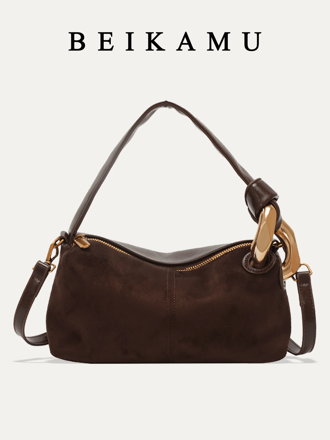 

Коричневая замшевая сумка с ручкой и золотой молнией, со съемным ремешком