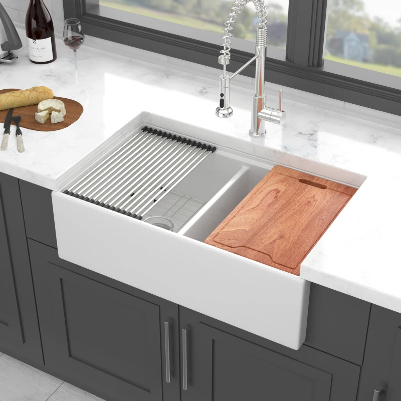 

White Porcelain Farmhouse Workstation Sink Double Bowl Ceramic For Farm Kitchen Superior Durability Timeless Elegance