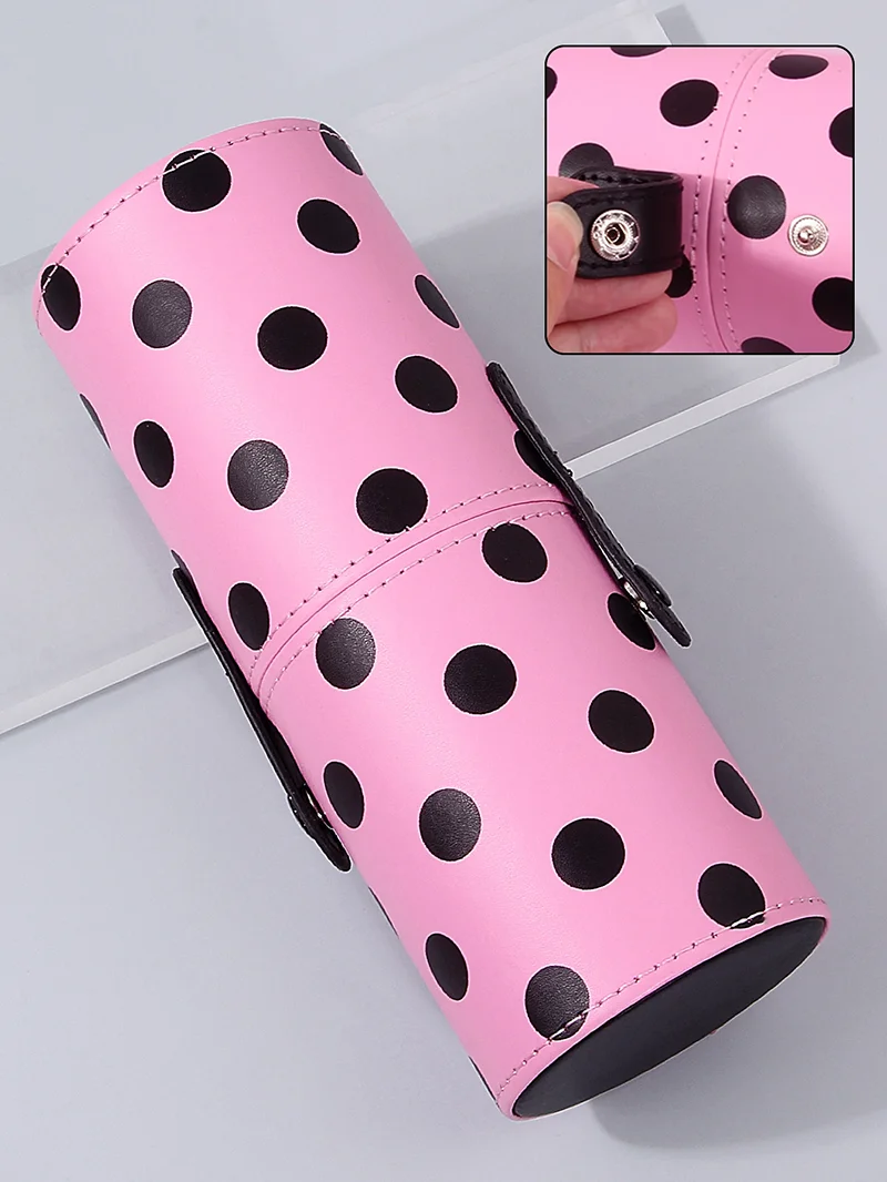 دلو تخزين فرشاة مكياج من البولي يوريثان باللون الوردي منقط، دلو مكياج مغطى بسعة كبيرة، تخزين محمول للسفر