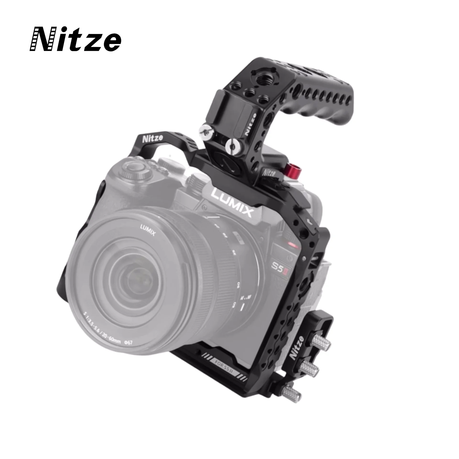 

Комплект кейджей для камеры Nitze для Panasonic LUMIX S5 II с рукояткой NATO, зажимом для кабелей HDMI/USB-C и встроенной пластиной Arca QR