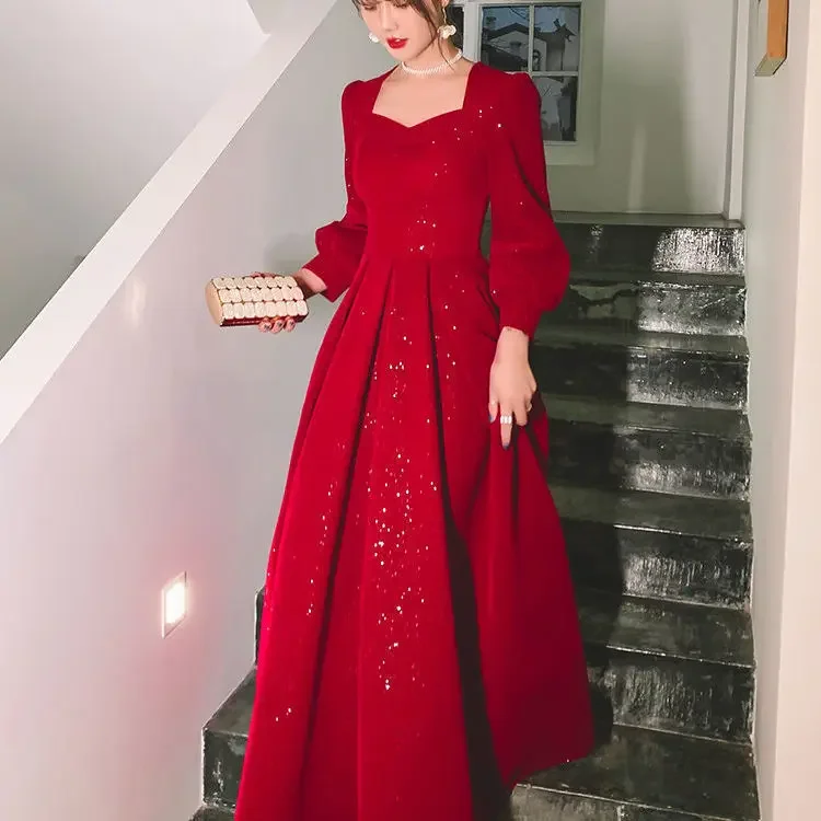 Elegant Red Sequins Midi Dress Women Vintage V-neck Formal Occasions Evening Party Dresses Fashion Chic Design New in Dresses