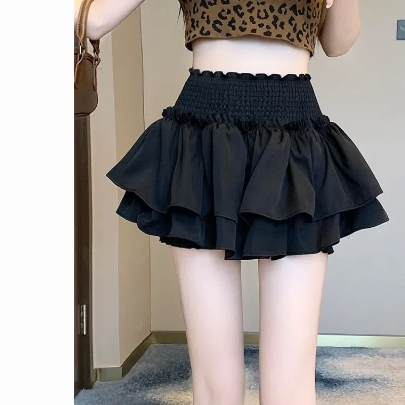 

Женская мини-юбка с высокой талией, оборками и двойным слоем, плиссированная, А-силуэт, повседневная, на резинке, короткая