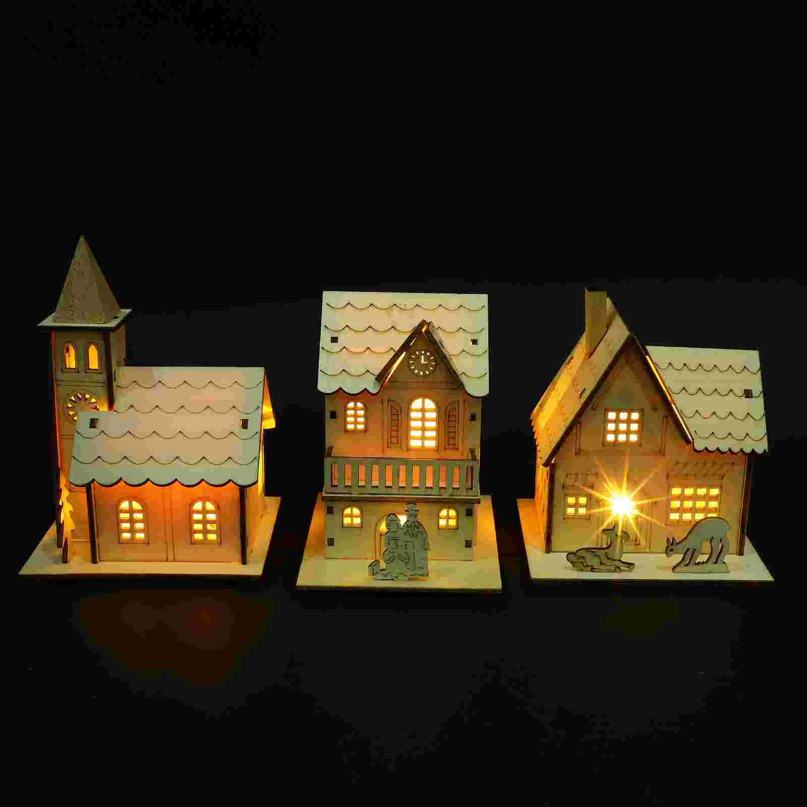 

3 Pcs Decorate Wooden Luminous Cabin Ornaments Indoor Christmas Decorations Outdoor Play House Decors