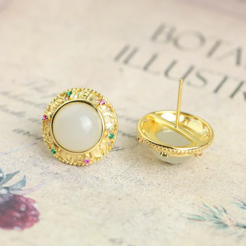

S925 Sterling Silver Gold Plated Hetian Jade National Style Noodle Ear Studs Women'S Earrings