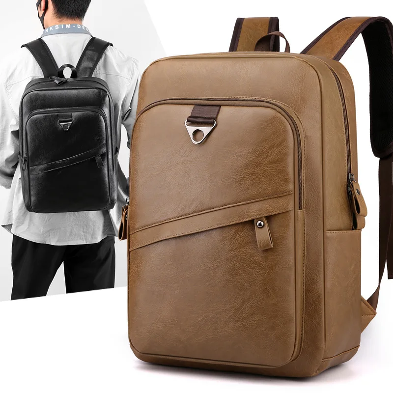 New Business PU Leather Men's Backpack, Multi-functional Waterproof Computer Bag, Simple and Large-capacity Student Schoolbag
