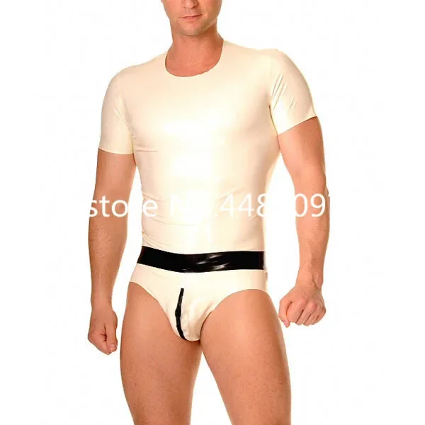 

White Latex Rubber Round Neck Shirt with Briefs Crotch Zip For Men Latex Zentai Catsuit