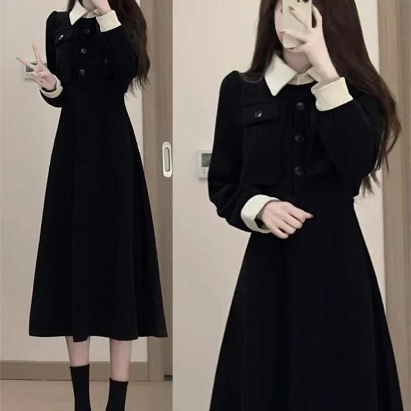 Spring and Autumn Seasons Large Size New Black French Dress Women's Early Autumn Wear Pair Fake Two Waist Wrapped Midlength