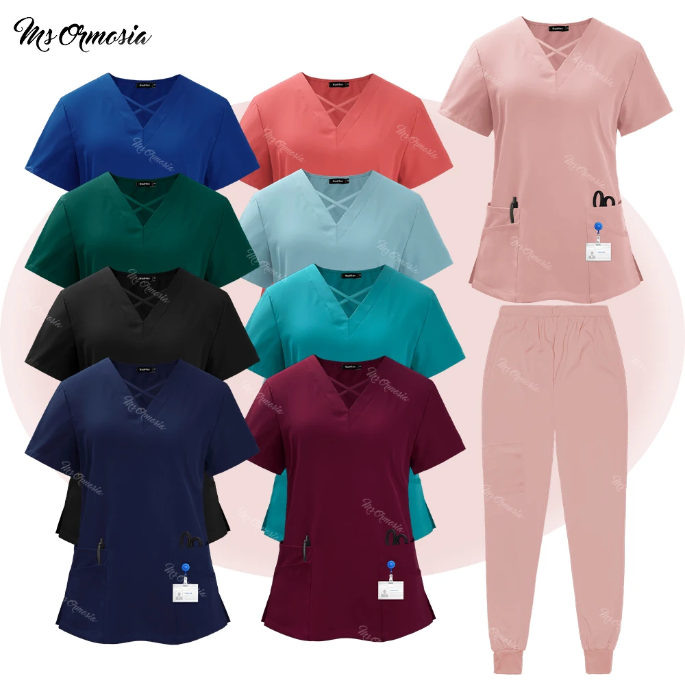 

Pockets Jogger Pants Suits Doctor Nurse Nursing Uniforms Short Sleeve Clinical Workwear Scrubs Set Medical Clothes Multicolour