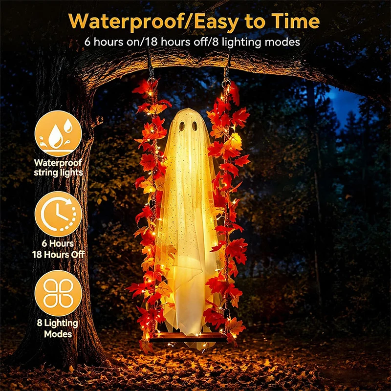 Large Maple Leaf Swing Ghost Lighted Hanging Ornament With Remote Control Halloween Party Front Porch Yard Garden Hanging Decor