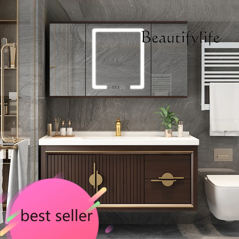 NEW Chinese-style hidden folding mirror cabinet smart bathroom cabinet combination washstand integrated ceramic basin