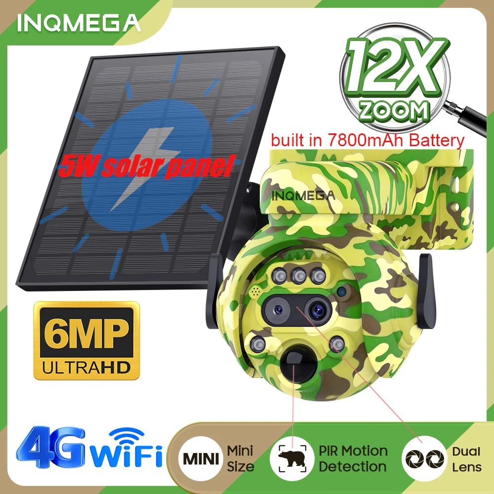 INQMEGA 3K 6MP Solar Camera 12x Zoom PIR Human Detection Camouflage Outdoor 360° for Hunting Cam 5W Solar Panel Built-in 7800mAh