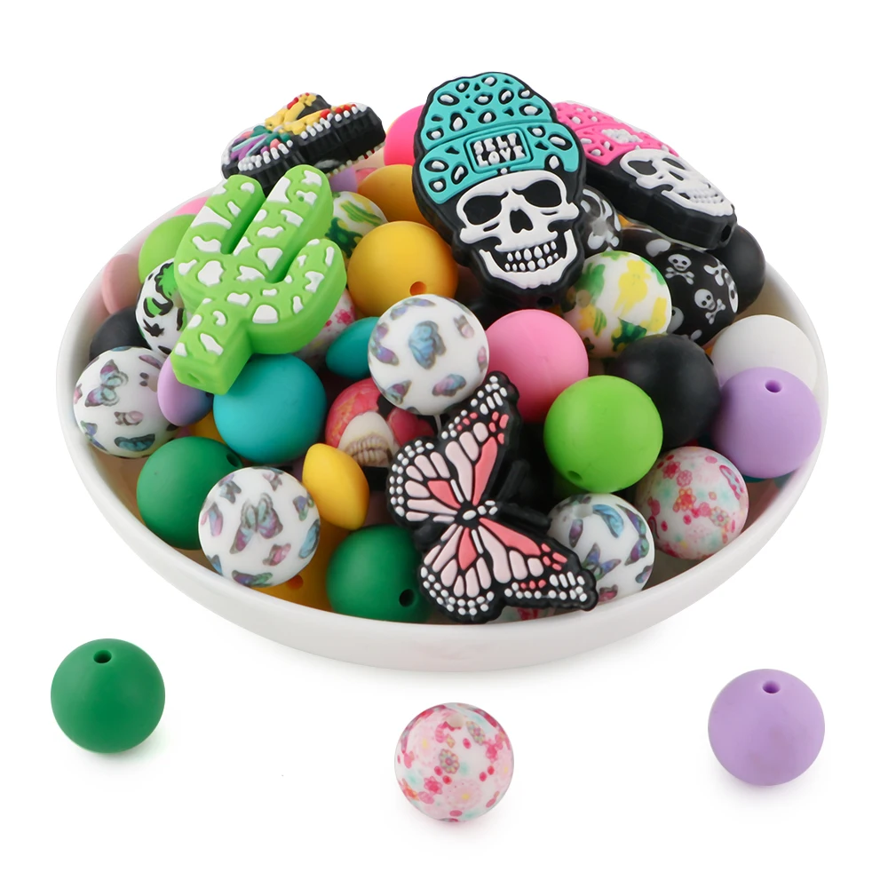 34Pcs/set Silicone Beads Kit Silicone Round Bead Focal Bead DIY KeyChain Bracelet Necklace Jewelry Accessories