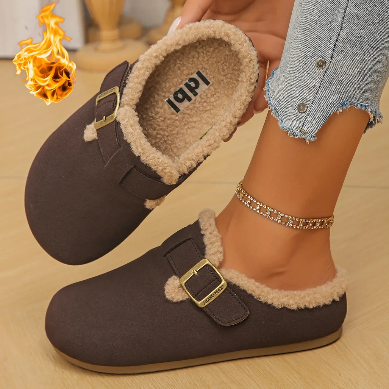 Designer-Freizeitschuhe für Damen, Winter-Hausschuhe aus Plüsch, Luxus-Damenschuhe, Modische Indoor-Fell-Slipper, Elegante Flache Schuhe in Großen Größen – Detail 8