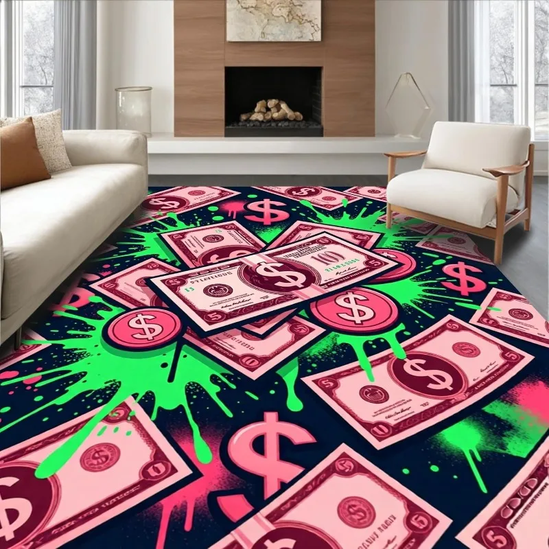 Vibrant Dollar Sign Cash Print Area Rug Soft Non-Slip Floor Carpet Bold Money Themed Decor Mat for Living Room Bedroom Game Room