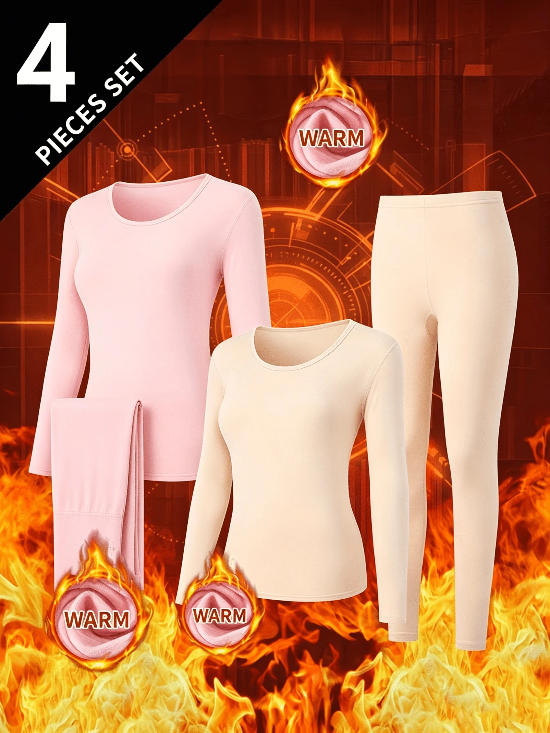 4pcs Women'S Thermal Innerwear Set: Round Neck Top + Pants, Winter & Autumn Tight Fitted Underwear Shirts