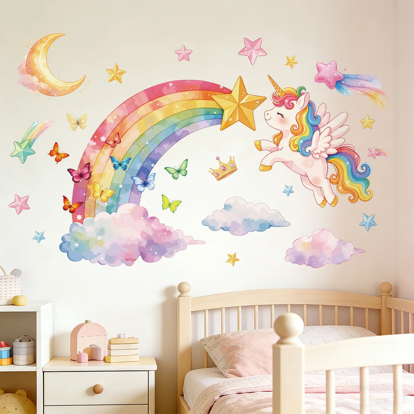 Rainbow Unicorn Wall Decals, Removable Colorful Unicorn Rainbow Stars Moon Clouds Wall Stickers, Kids Girls Bedroom Nursery