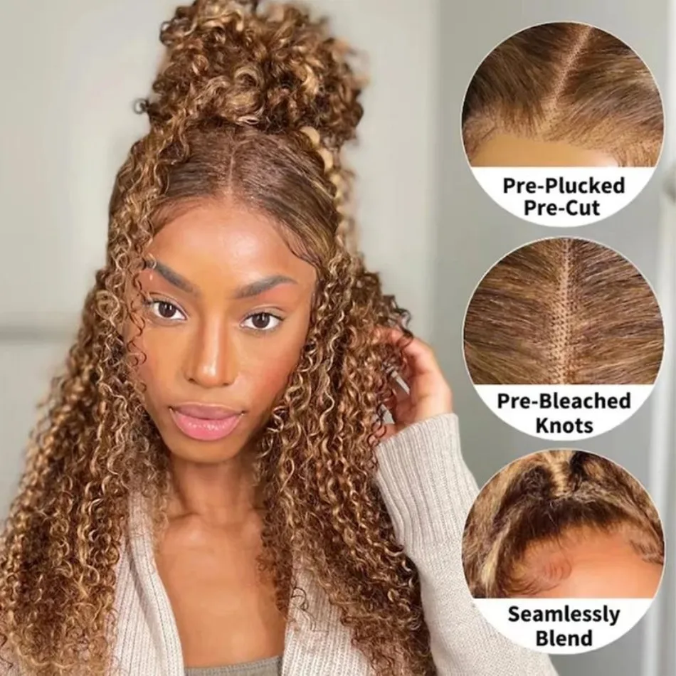 220 Density P427 Honey Blonde 360 Full Lace Wig Highlight Curly Human Hair Pre-Plucked Deep Wave 360 Lace Wig Invisible Drawstring Strap Lace Frontal Wig 34 Inch view 2