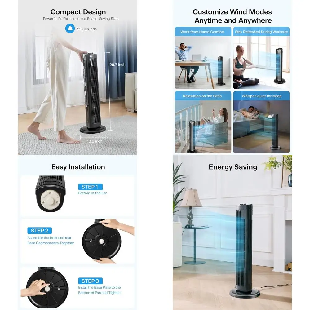 

30-дюймовый 3-скоростной осциллирующий башенный вентилятор с таймером автоматического отключения, черный