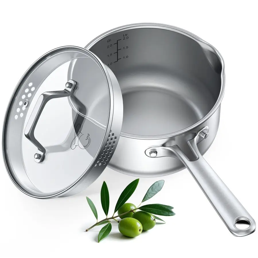 

Кастрюля из нержавеющей стали емкостью 2,5 литра со стеклянной крышкой-сителем, полная кастрюля для соуса Thicken Triply, два боковых носика для легкого наливания, D대