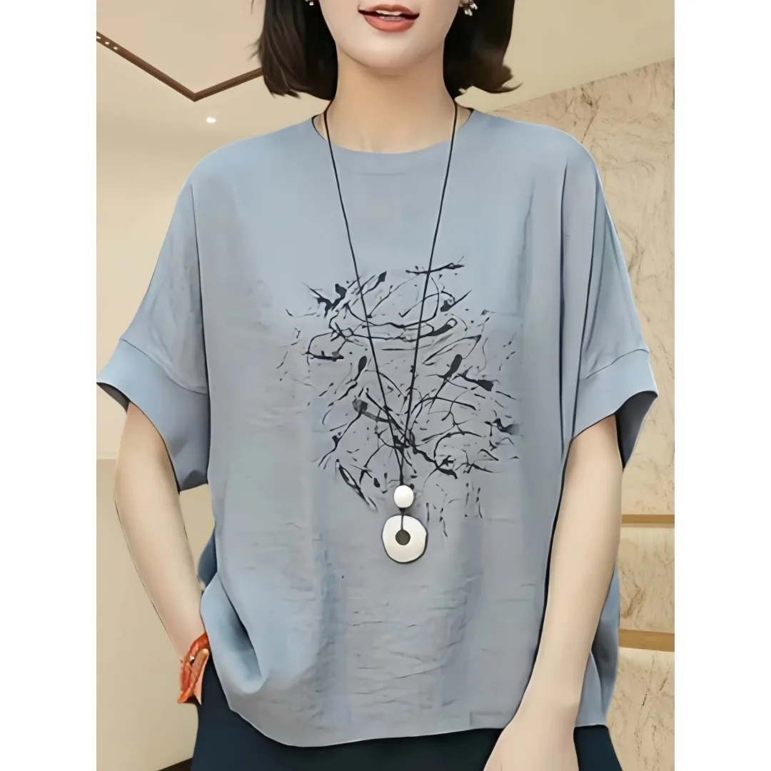 

Женская футболка больших размеров: модный принт с цветовыми блоками, базовая модель для весны/лета, скрывающая живот, повседневный стиль, круглый вырез, короткий рукав.