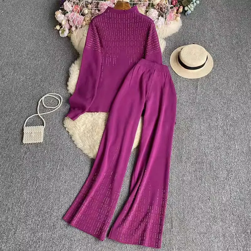 Hot Diamond Sweater Matching Pant Sets 2023 Autumn Korean Long Sleeve Pullover Shirt Top Knit Trousers For Women Trakcuits Z2367