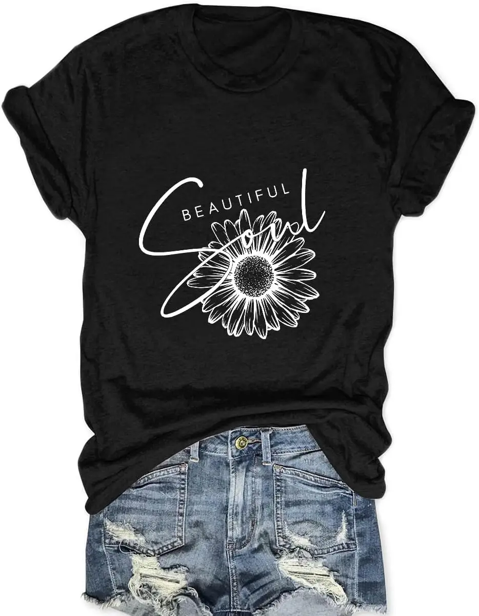 Sunflower T-Shirt for Women Funny Flower Graphic Shirts Loose Summer Tees Short Sleeve Casual Tops