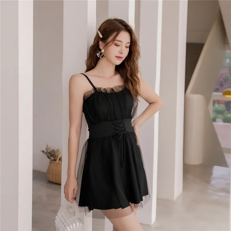 Frauen koreanischen Stil einteilige Spitze Badeanzug Kleid Damen japanische Rüschen ärmellose 2 Stück Bade bekleidung Badeanzug Kleid