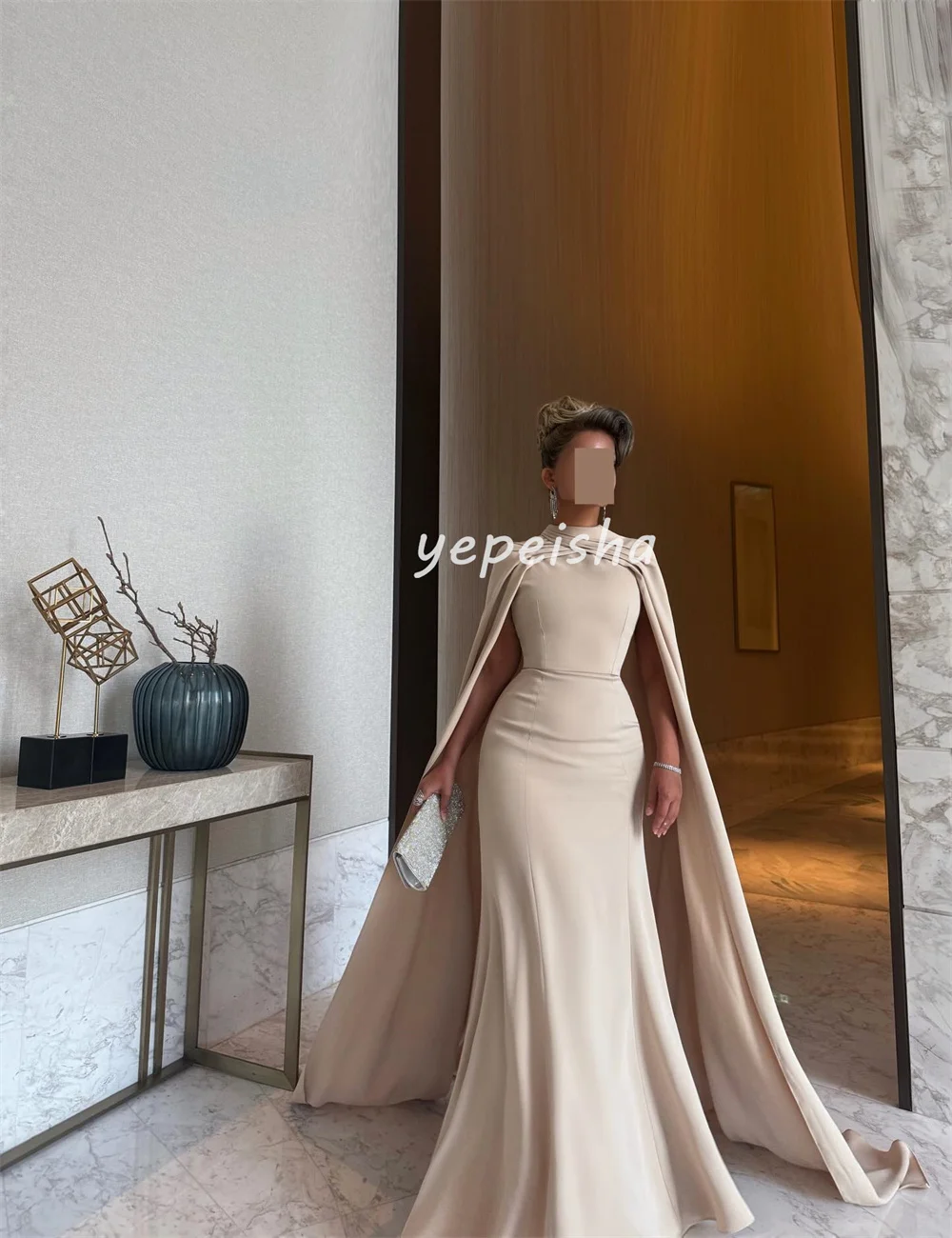 Customized Matching Chinese Style Jersey Pleat Ruched Mermaid High Collar Long Dresses Bespoke Occasion Dresses High Quality