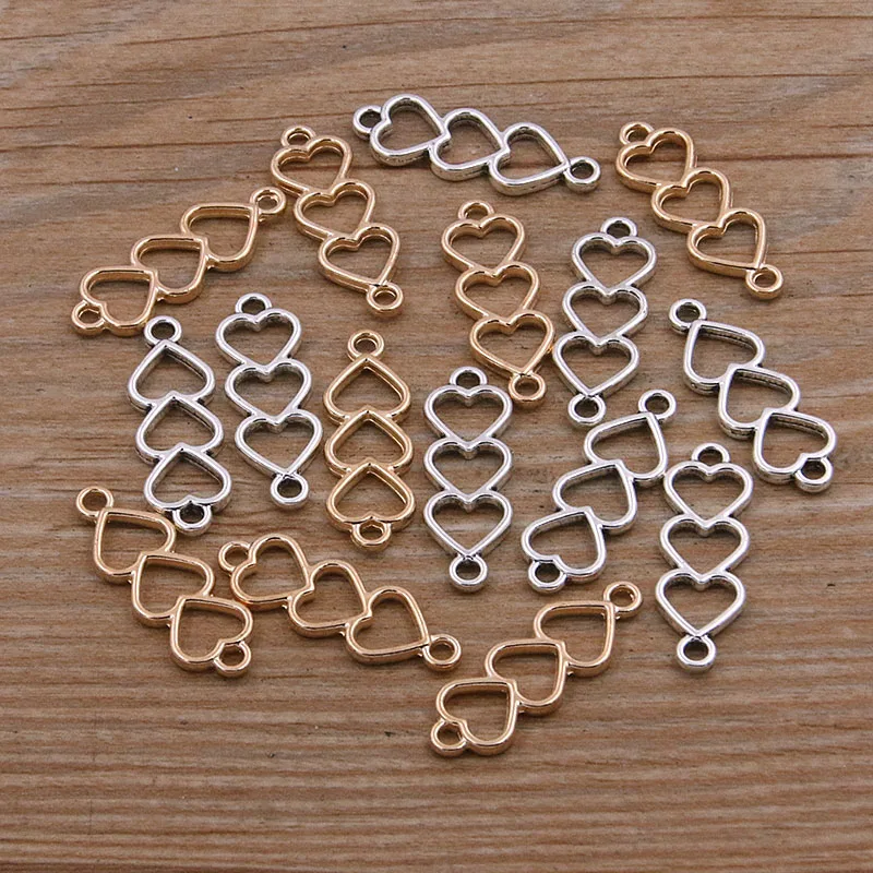 40Pcs 9*24MM 2 Color 2021 New Zinc Alloy Vintage 3 Heart Connectors Pendants Jewelry Making DIY Handmade Craft