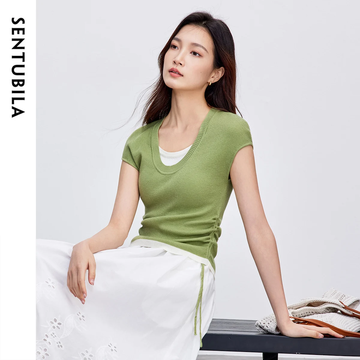 

SENTUBILA Women 2 In 1 Knitted Pullovers 2025 Summer Elegant Office Lady Spliced Short Sleeve Side Shirring Tops Lady W52H59311