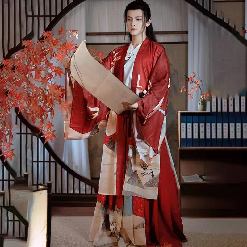 2025Wei Jin فترة عبر طوق الطباعة الرياح القمر Hanfu فستان مجموعة تأثيري الأصلي Hanfu الرجال النساء الملابس الصينية التقليدية