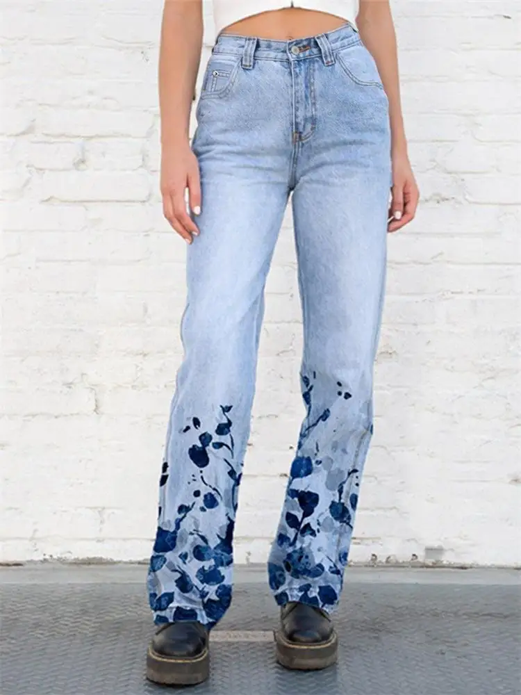 

Women's Jeans Spring And Autumn New Flower Print Retro Art Europe And The United States Casual Loose Large Size Jeans