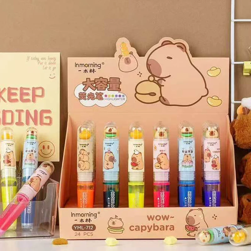 24Pcs/Box New Cute Capybara Large capacity Highlighter Pen Set Cartoon Markers Stationery Multifunction Highlighter gift